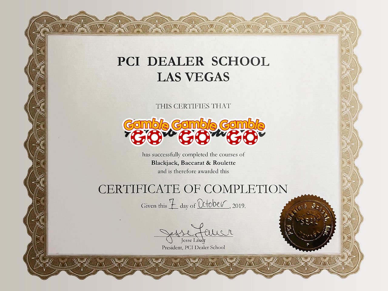 PCI Dealer School（米国ネバダ州ラスベガス）カジノディーラー認定書